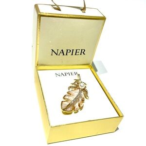 Napier Gold and Pink Leaf Brooch with Pearl Accent